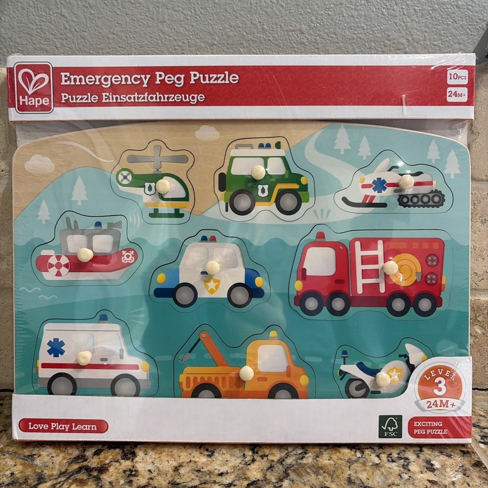 HAPE Emergency Vehicle Transportation Peg Puzzle Learning Toy 24+M NEW SEALED